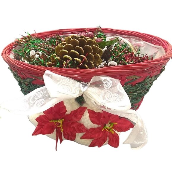 Vintage Red and Green Basket of Pine Cones, Christmas Holiday Decoration - Picture 1 of 3